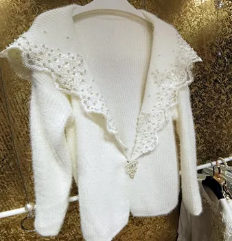 Sunkioji Pramonė Pearl Duobute Blizgančiais Cardigan Megztinis Moterims Rudens Žiemos Sutirštės Outwear