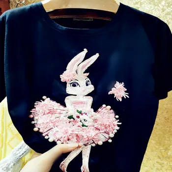 Sunkioji Pramonė Zawalcowany Pearl Cute Bunny t-shirt moterims, vasaros trimatis Gėlių Medvilnės Prarasti viršuje tees
