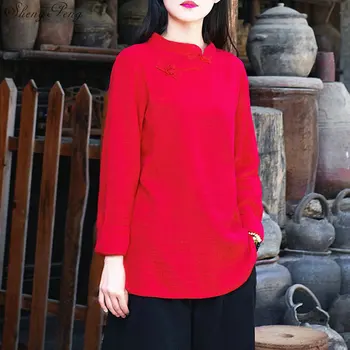 Tradicinės Kinų marškinėliai ilgomis rankovėmis mandarinų apykaklės palaidinės moterų zen drabužių baltos medvilnės, lino palaidinė Q803