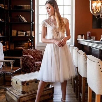 Trumpomis Rankovėmis V-Kaklo, Vestuvių Suknelė Iki 2021 M. Nėrinių Aplikacijos Iliuzija Tiulio Paprasta Elegantiška Moteriška Naujas Trumpas Nuotakos Suknelė Arousa