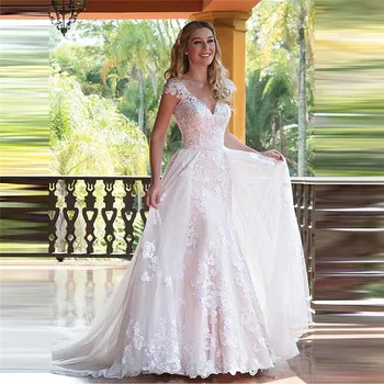 V-Kaklo, Nėriniai Appliques Undinė Vestuvių Suknelės 2 In 1 Su Nuimamais Traukinio Sodo Vestuvinės Suknelės 2021 Mados Vestidos De Santuokos