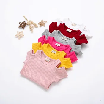 Vasarą Kūdikis Merginos Candy Spalva Off-pečių Trumpas Rankovėmis Vaikiški marškinėliai Medvilnės Drabužius Viršūnes Mielas Naujas