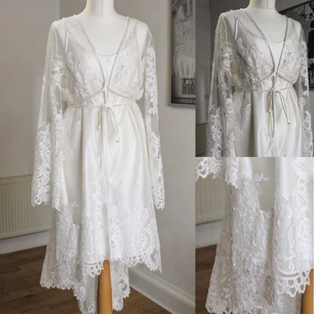 Vestuvių Sleepwear 2 Gabalus, Balta Ilgomis Rankovėmis, Blizgančiais Nėrinių Aplikacijos Princesė Namų Pižama Pritaikyti Kulkšnies Ilgis Vakare Gown