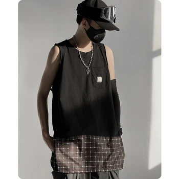 Vyriški drabužiai Unisex Tee Harajuku Hiphop Streetwear vasaros Pledas netikrą dviejų dalių vest prarasti atsitiktinis hiphop berankoviai marškinėliai
