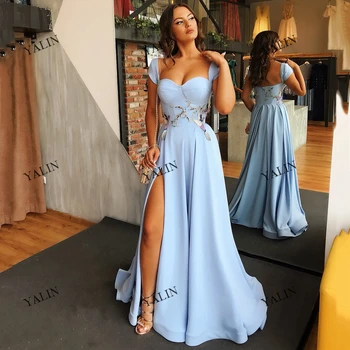 YALIN Paprasta Aikštėje Colllar Prom Dresses Su Aukštos Ritininės Šviesiai Mėlyna Jersey Vestuvių Svečių Chalatai Seksualus-Line Red Carpet Dress