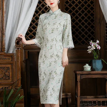 Šiuolaikinės Cheongsam Suknelės Moterims, Elegantiškas Plonas Nėrinių Suknelė Pagerėjo Qipao Suknelė Rytų Vestuves Gėlių Suknelė Plius Dydis 3XL
