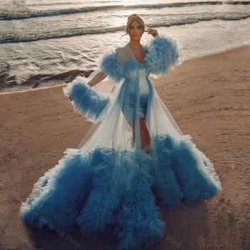 Žavinga Mėlyna Motinystės Suknelė Fotografijos Moterims, Chalatai, Uždusęs Ruffed Tiulio Paplūdimio fotosesiją Suknelė Nėštumo Užsakymą