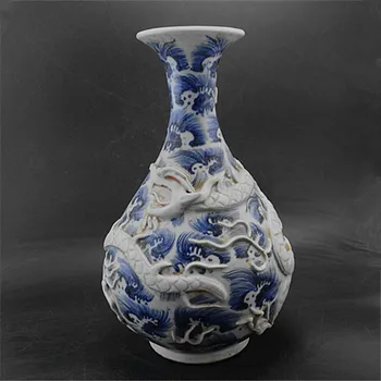 10 Senovinių YuanDynasty porceliano vaza,Mėlynos ir baltos spalvos reljefinis dragon butelis,Rankomis dažyti amatų,Surinkimo ir Puošmena,Nemokamas pristatymas
