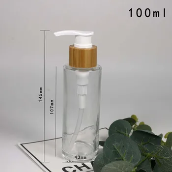 100ml Cilindro formos skaidraus stiklo emulsija butelis kosmetikos pakuotės su bambuko dangtis