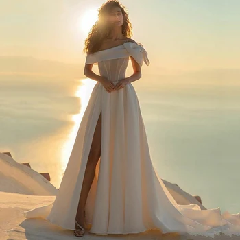 13994# Sexy Aukšto Pusėje Ritininės Nuotakos Suknelės Elegantiškas Valtis Kaklo Su Bow-Line Vestuvių Suknelės Bžūp Rankovėmis Traukinio Vestidos De Noiva