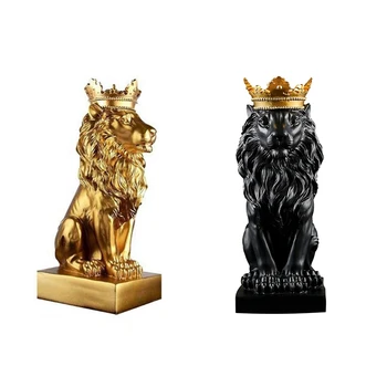 2 Vnt Karūna Liūto Statula Home Office Baras Vyras Liūtas Tikėjimo Dervos Skulptūra Amatų Gyvūnų Meno Puošimas Ornamentais, Gold & Black