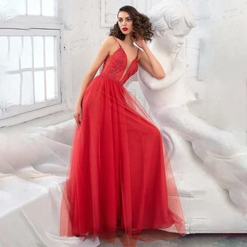 2021 Spagečiai Dirželiai Rankų Darbo Grindų Ilgis Tiulio Raudona Prom Dresses Ilgas Šalis Suknelė Chalatas De Soiree Moterų De Formatura