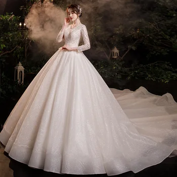 2022 Elegantiškas, Tiulis Princesė Vestuvių Suknelė V Apykakle Ilgomis Rankovėmis Karoliukai, Aplikacijos Koplyčia Traukinys Nuotakos Suknelė Vestido De Noiva