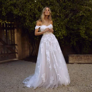 2022 Ilgai Boho-Line Backless Vestuvių Suknelė 3D Gėlės off Peties Nuotakos Suknelės Princesė Grindų Ilgis Vestuvių Suknelės
