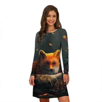 2022 m. Rudens Ir Žiemos 3D Mielas Fox Spausdinti ilgomis rankovėmis Suknelė Moterų-line Suknelė Gatvės Mados Atsitiktinis moteriški Drabužiai