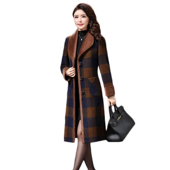 2022 Naujas Žiemos Moterys Ilgai, Vilnos Paltukai Moterų Boutique Drabužių Viršūnes Single-Breasted Tinklelis Kailis Korėjos Lady Derliaus Vilnonių Outwear