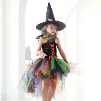 3-11 metų vaikams, drabužių su skrybėlę Mergaičių suknelės Helovinas spalva ragana vedlys cosplay kostiumas Vaikams tutu sijonas vaikams drabužių