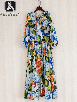 AELESEEN Mados Dizaineris 2022 M. Pavasario Vasaros Šifono Suknelė Moterims Gėlių Spausdinti Lankas Žibintų Rankovėmis Aukštos Kokybės Elegantiškas