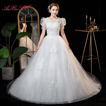 AnXin SH princesė blizgančių gėlių nėrinių balta vestuvinė suknelė šalies derliaus v kaklo iliuzija trumpas sluoksniuotos rankovėmis, nuotaka, vestuvinė suknelė