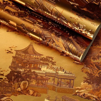 Aukso 3D Qingming Riverside Tapetai TV Foną, Hotel Restaurant Lauke Retro Naujas Kinijos Aukso Folija Tapetai Namų Dekoro