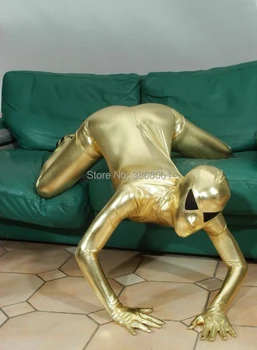 Aukso spalva cosplay Svetimų Suaugusiems Seksualus Blizga Metalo visą bodysuit Fancy Triko Drabužių atviros tinklelio akys