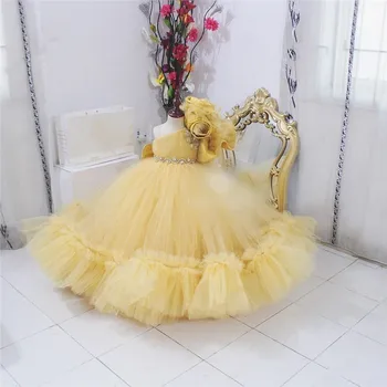 Aukso Vienos Pečių Gėlių Mergaitės Suknelė Vaikų Kristalai Suknelė Vaikai Photoshoot Kūdikio Gimtadienio Suknelės