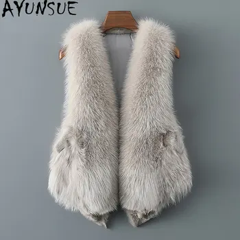 AYUNSUE Fox Fur Coat Nauja Rudens Žiemos tikro Kailio Liemenė Atsitiktinis Sleevelees Lapės Kailio Paltai Moterims Drabužių Lapės Kailio Striukė Veste SGG1246