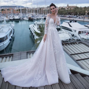 Balta Prabangių Vestuvių Suknelė ilgomis Rankovėmis Nėrinių Kamuolys Suknelė O-kaklo 3D Gėlių Nuotakos Suknelės Teismas Traukinio Užsakymą Pagaminti Vestuvių Suknelė