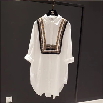 Baltos spalvos Marškinėliai Moterims ilgomis rankovėmis Siuvinėjimo Vintage Palaidinė Plius dydis Ponios 100% Medvilnės Atsitiktinis Tunika Viršūnes V2184