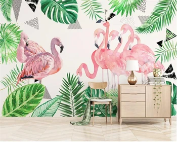 Beibehang 3D foto tapetai Nordic small šviežių žaliųjų Bananų lapų Animacinių filmų flamingo Vaikų kambarys fono sienos 3d tapetai