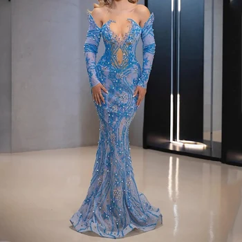 Blue Undinė Musulmonų Vakaro Suknelės Ilgomis Rankovėmis Dubajus Kristalų Oficialų Suknelė Plius Dydis Moterų, Elegantiškas Vestuves Suknelė