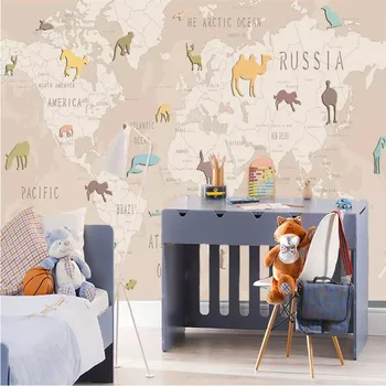Custom Sienų Tapetai, Cartoon Gyvūnų Pasaulio Žemėlapyje, Vaikų Kambario Sienos Fone