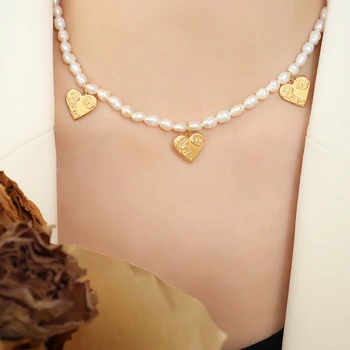 Derliaus Geometrinis Širdies Pakabukas Karoliai Natūralių Gėlavandenių Perlų Apykaklės Grandinės Karoliai 18K Aukso chromu padengtas Titano Plieno Papuošalai