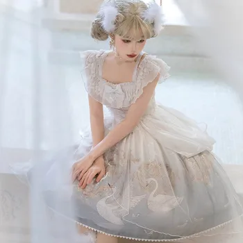Derliaus Viktorijos Lolita Princess Dress Saldus Moterų Mielas Lankas Raukiniai, Nėriniai Šalis Suknelė Japonijos Elegantiška Swan Svajonė Spausdinti Vestidos