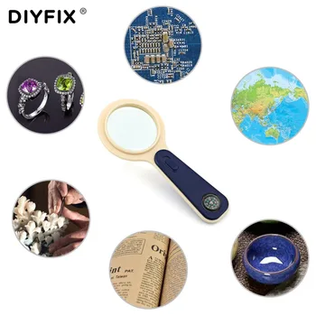 DIYFIX EDC Įrankiai, 5X Optinis didinamasis stiklas su Kompaso ir 1 LED Šviesos Kišeninis Didinamasis Skaityti Loupe Lauko Išgyvenimo Rankiniai įrankiai