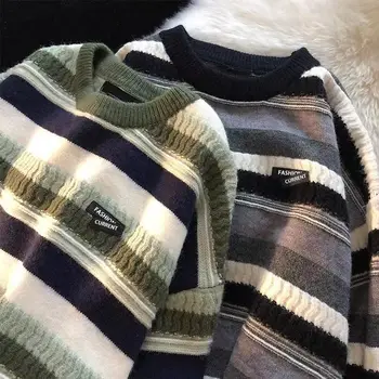 Dryžuotas Įgulos Kaklo Megztinis 2021 m. rudens-žiemos tendencijos retro prarasti Japonijos Puloveris vyrų ir moterų megztinis, striukė pora drabužiai