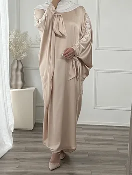 Eid Djellaba Abaja Dubajus Blizga Šikšnosparnių Rankovėmis Musulmonų Dress Satino Abaja Dubajus Nėriniai Siuvinėjimo Musulmonų Suknelė Islamas Abayas WY821