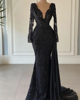 Elegantiškas Arabų Juoda Undinė Vakarinę Suknelę Moteris Prabanga Appliqued Zawalcowany Prom Chalatai Ilgomis Rankovėmis, Vestuves Naktį Suknelės