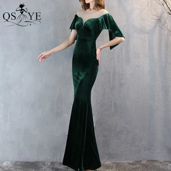 Emerald Velvet Vakaro Suknelės Batted Rankovėmis Šalis Suknelė Undinė Ilgai Oficialų Ruožas China Granulių Kaklo Šalis Suknelė Trumpomis Rankovėmis