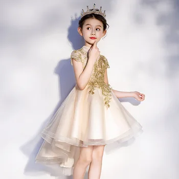 Golden China Nėrinių Vaikams Mergaitėms Vestuvių Suknelė Elegantiškas Princesė Suknelė Vakare Šalis Suknelė Elegantiškas, Gėlių Mergaičių, Komunijos Kostiumai