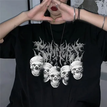 Gotikos T-marškinėliai Moterims Kaukolės Galvą Spausdinti Įgulos Kaklo Prarasti Moterų Mados Viršūnes Goth marškinėliai White Black Viršūnes Moterų Drabužiai