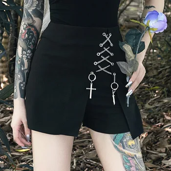 Grunge Punk Vasaros Gotikos sijonas Moterims Streetwear Zippper Kniedės Plisuotos Metalo Žiedas Sijonas PU Seksualus Atsitiktinis