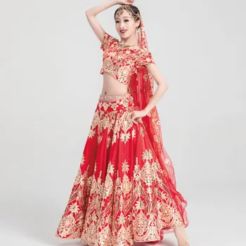 Indijos Šokių Suknelė Elegantiškas Ilgas/Trumpas Rankovėmis Viršūnes Big Swing Sijonas Bolivudas Aukso Siuvinėjimai Raudonos spalvos Kostiumas Pilvo Šokio Kostiumų DQL7752
