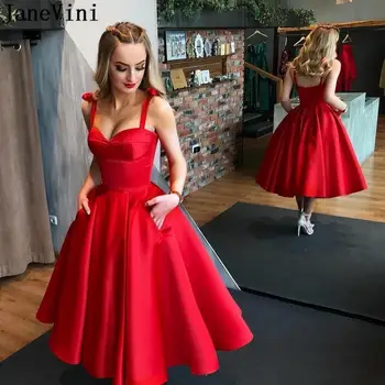 JaneVini Elegantiškas Raudonojo Satino Arbata-ilgis Kokteilių Suknelė su Kišenėmis-line 