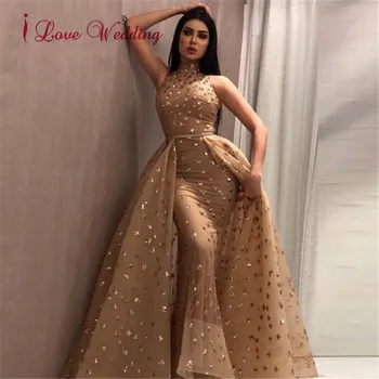 Karšto Pardavimo 2020 M Sexy Apynasrio China Vakaro Suknelės pagal Užsakymą pagaminti Berankovis Suknelė Undinė Aukso Nėrinių Suknelė su Traukiniu Dubai Stilius
