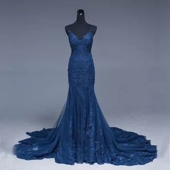 Madingas Navy Blue Undinė Vakaro Suknelė Moterims 2022 Spageti V-Kaklo, Nėriniai Ir Tiulis Ilgai Vestuves Chalatai Prom Drabužiai