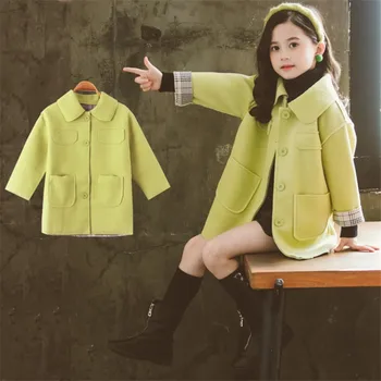 Merginos Kūdikio Vilnoniai Paltai Striukės Outwear 2021 Paprasta Žalia Tirštėti Rudens Žiemos Gobtuvu Išlaikyti Šiltas Mygtuką, Vaikų Drabužiai
