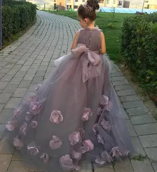 Mielas Pink Gėlių Mergaičių Suknelės Vestuvėms Tiulio Raukiniai 3D Gėlės Princesė Vaikų Vestuvių, Gimtadienio Nuimamas Traukinys