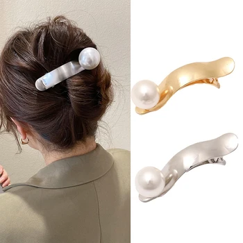 Moterims, Elegantiškas Aukso, Sidabro Geometrinis Pearl Metalo Plaukų Clips Duckbill Įrašus Didelis Perlas Plaukai Surišti Į Uodegą Įrašą Krabų Staigius Plaukų Aksesuarai