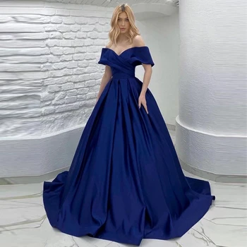 Mėlyna Satino Seksualus Off Peties Prom Dresses Moterų-Line Plisuotos Vakare Chalatai Mados Įžymybė Paprasta Oficialią Šalies 2023 Skraiste